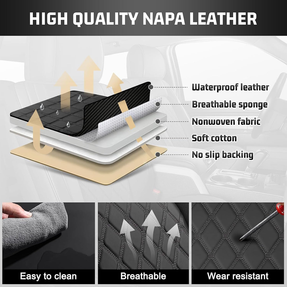 Umbrauto Seat Covers Custom Fit Ford F150, Waterproof Nappa Leather Pickup Truck Seatcovers for 2015-2026 F150 SuperCrew/ 2017-2026 F250 F350 F450 Super Duty Crew Cab XL XLT Lariat King