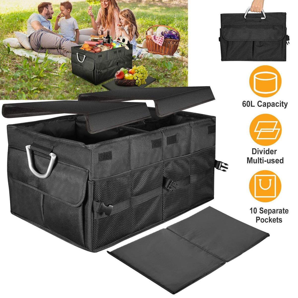 Car Trunk Organizer Collapsible Multi-Compartments Storage Cargo Box/ Cover Nonslip Bottom