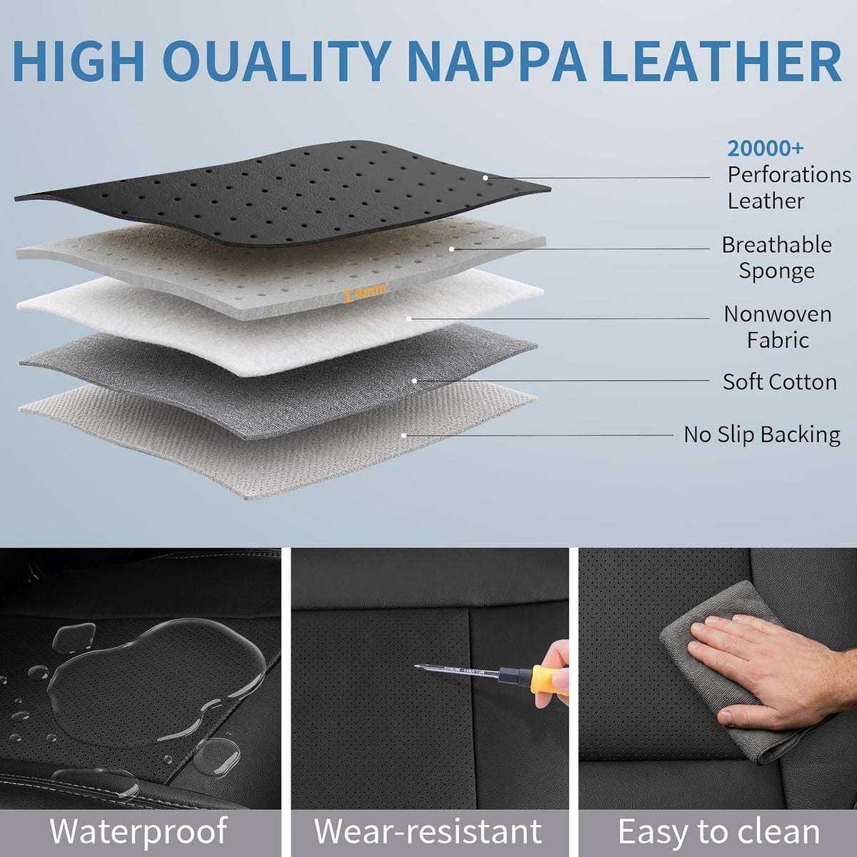 Umbrauto Seat Covers for Toyota Tacoma 2016-2023 Double & Crew Cab,Nappa Leather, 3D Laser-Scan Custom Fit, Waterproof, Easy-Clean, Full Coverage, Airbag Compatible, Pet & Scratch Protection