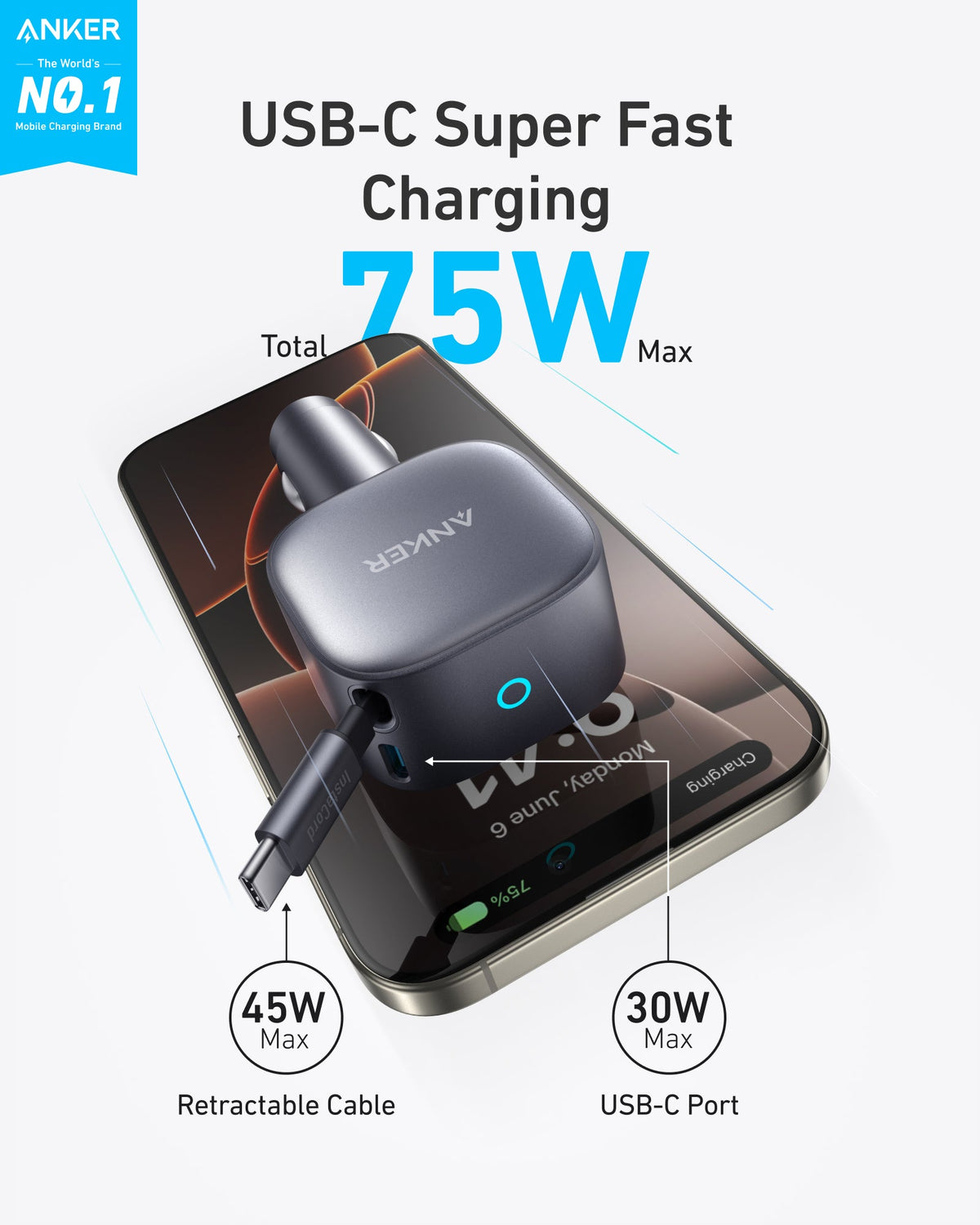 Anker Nano 75W USB-C car charger with retractable cable - view 2