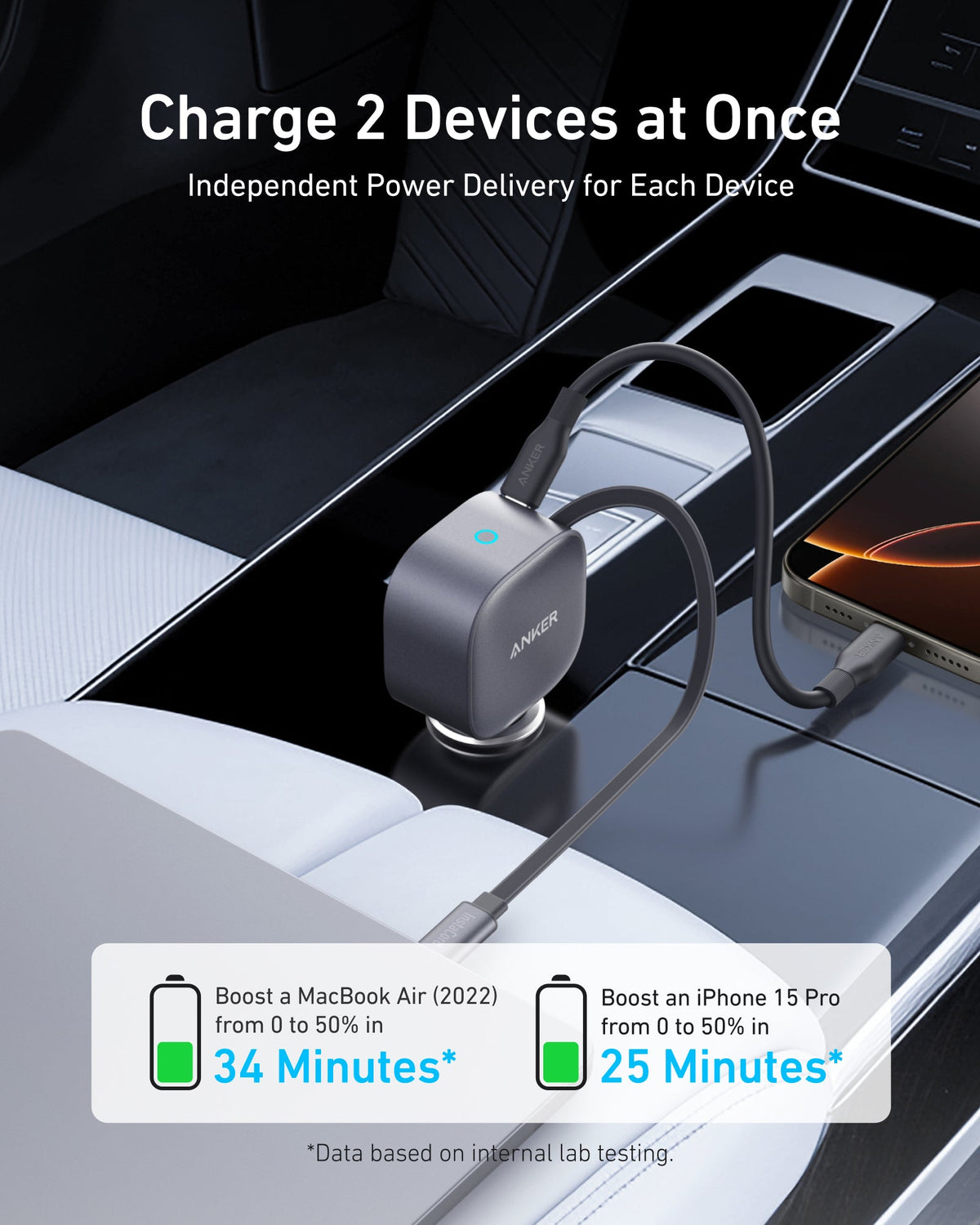 Anker Nano 75W USB-C car charger with retractable cable - view 3