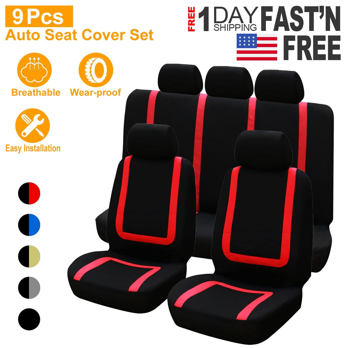 Universal Car Seat Covers | 9-Piece Full Set | Car Accessories